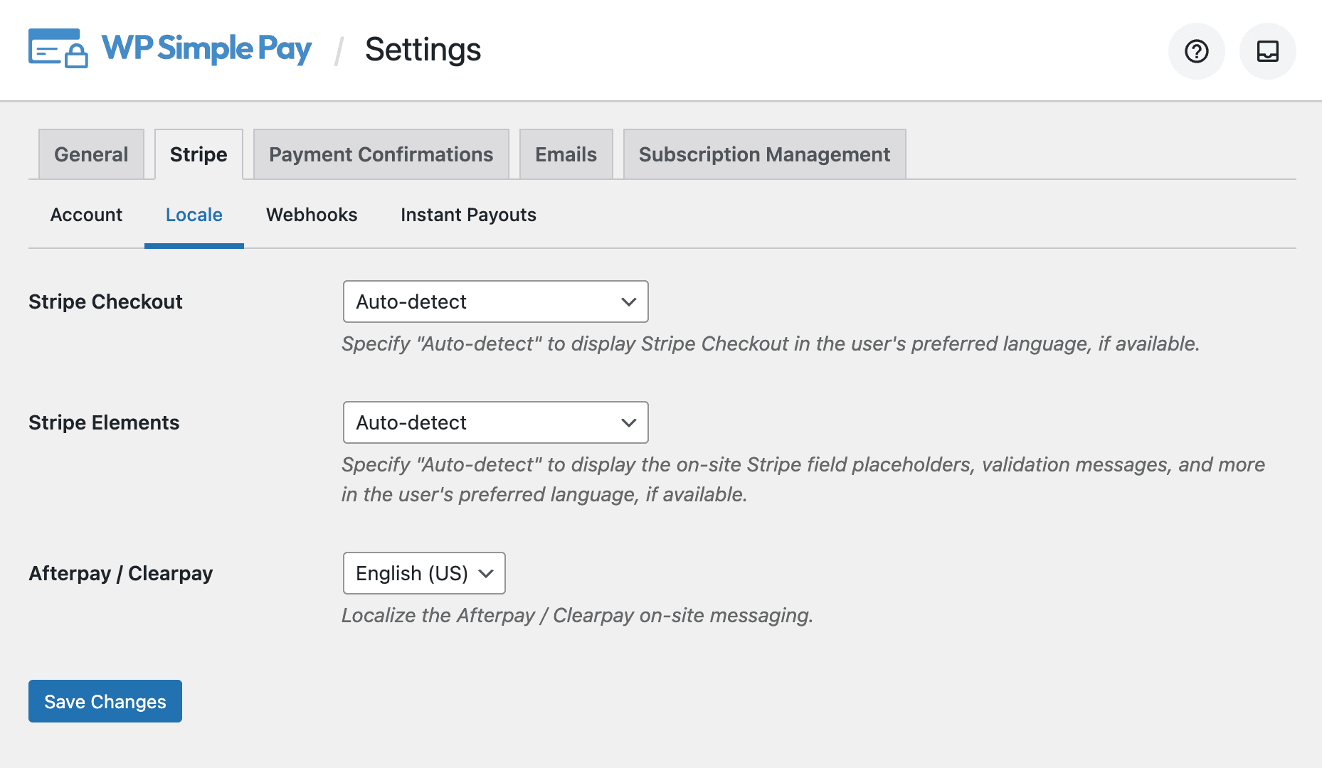 Ustawienia regionalne WP Simple Pay