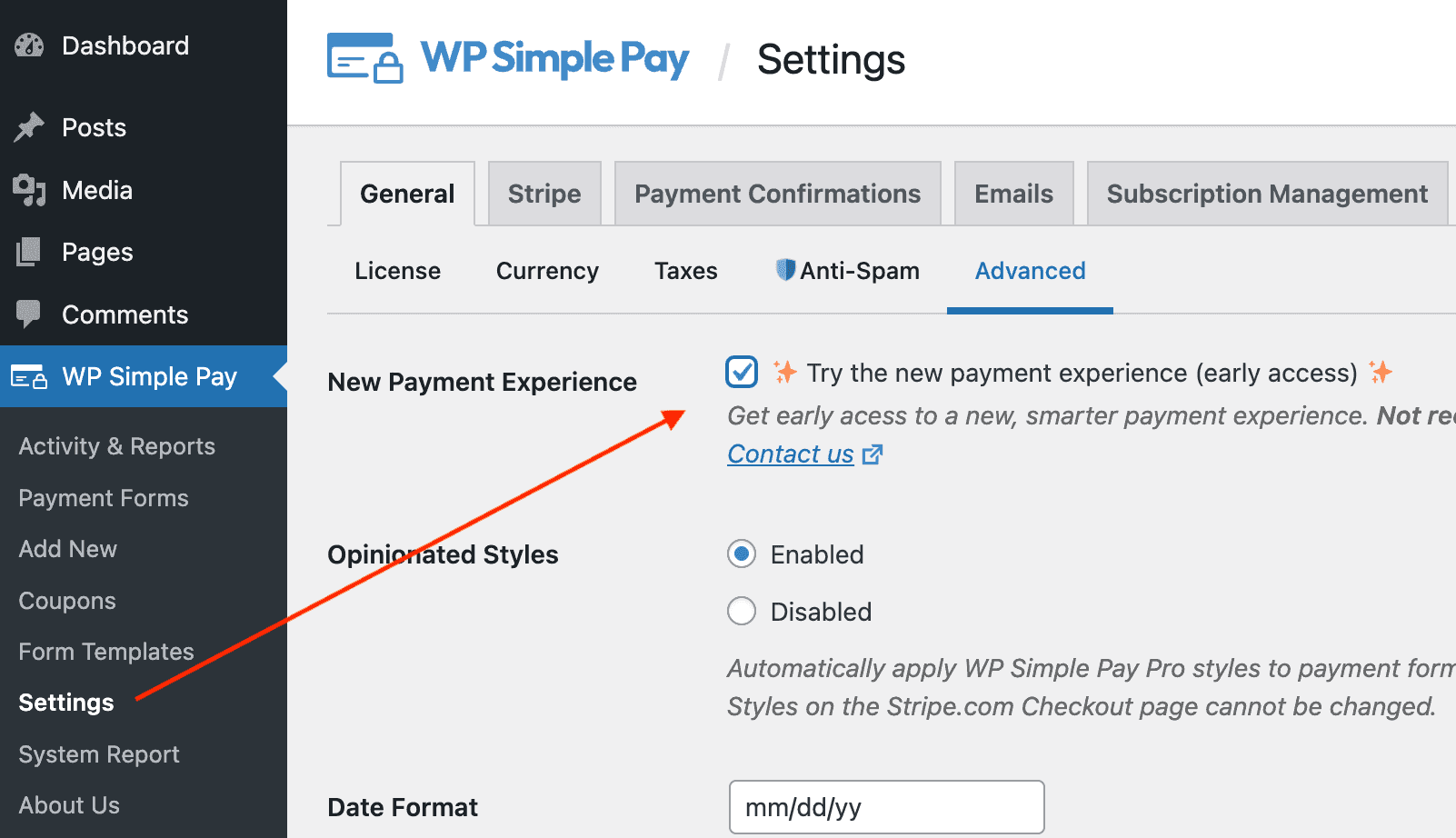 WP Simple Pay włącz nowe doświadczenie płatności