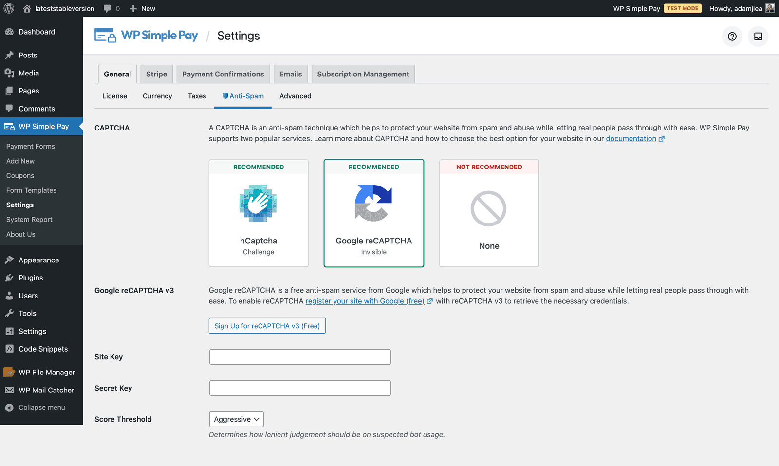 wp simple pay ustawienia recaptcha
