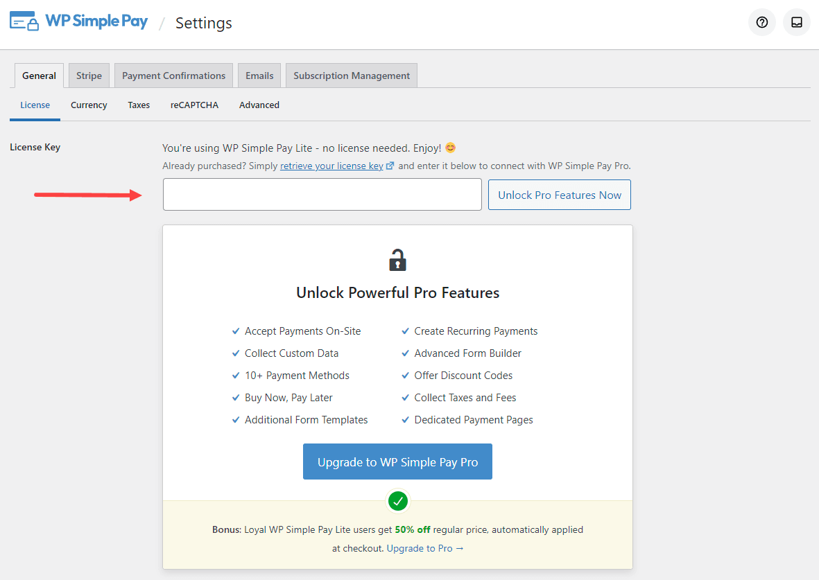 wklej swoją licencję w pole licencji ustawień wp simple pay