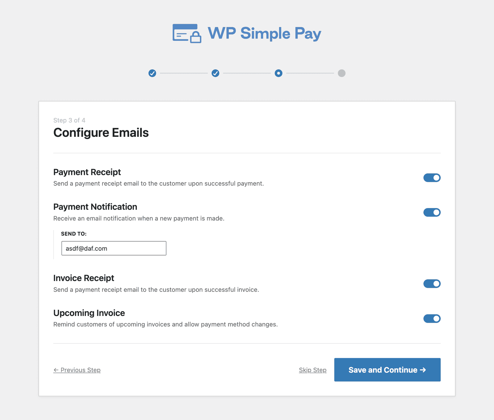 Kreator konfiguracji WP Simple Pay — konfiguracja poczty e-mail