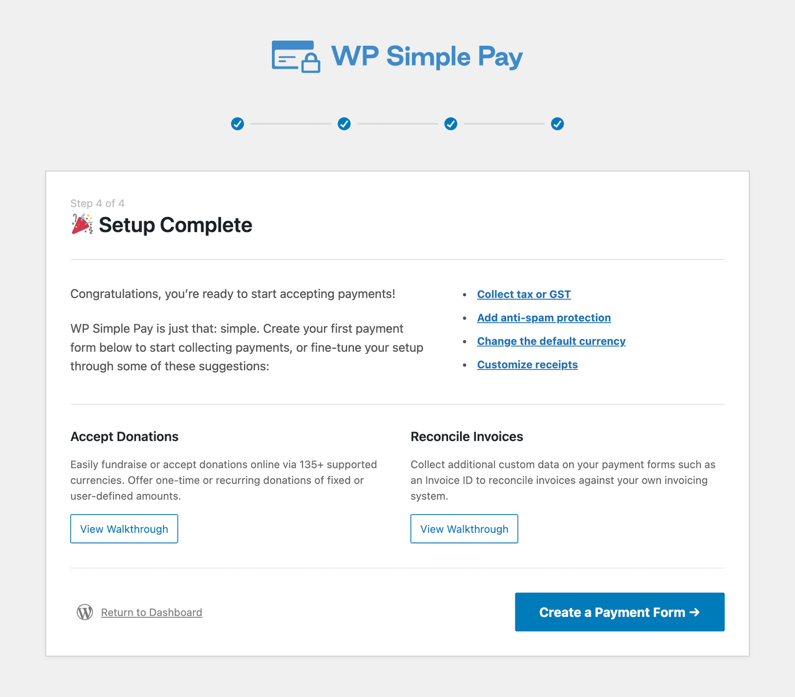 Kreator konfiguracji WP Simple Pay — zakończono