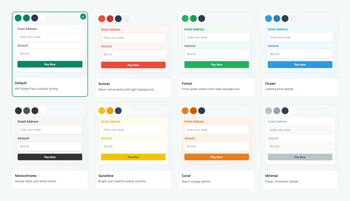 Eight WP Simple Pay form style themes