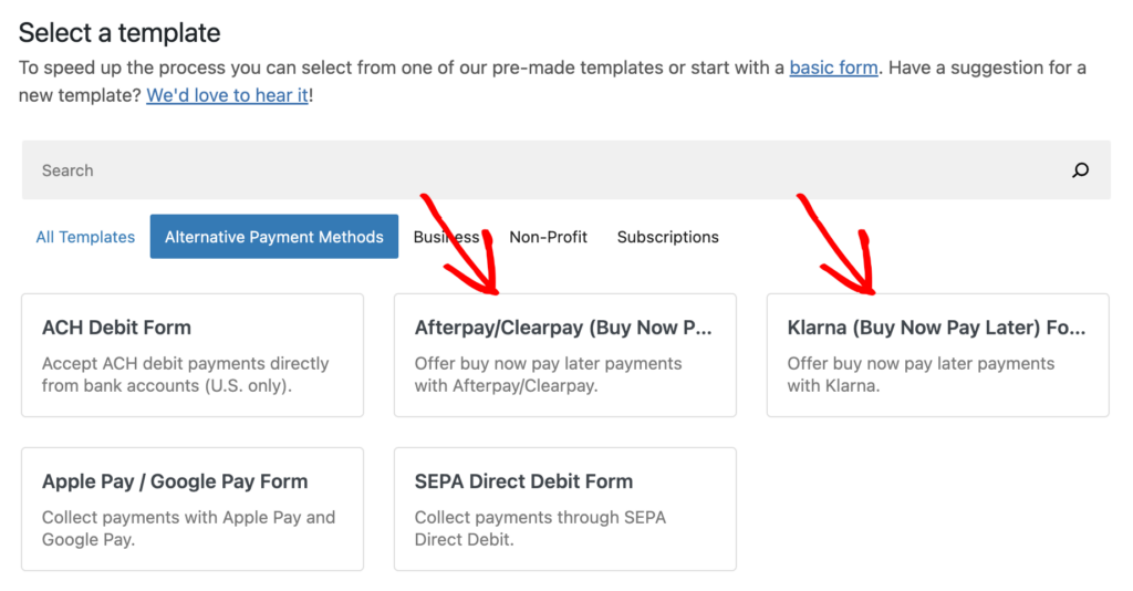 buy now pay later payment form template selection