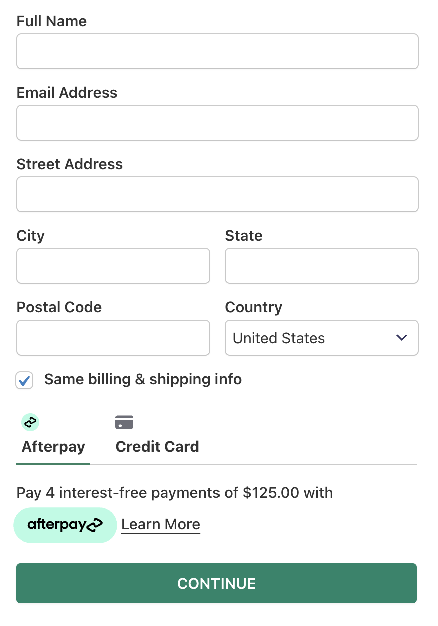 Payment form buy now, pay later - Afterpay option