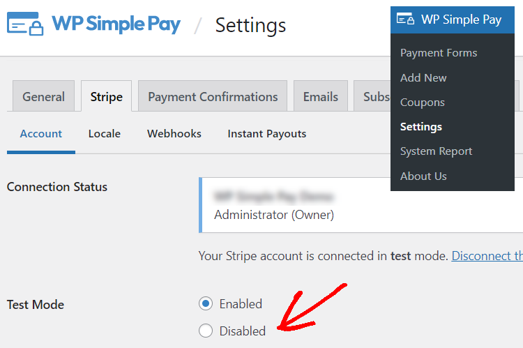 wp simple pay test mode disabled wp simple pay test mode disabled