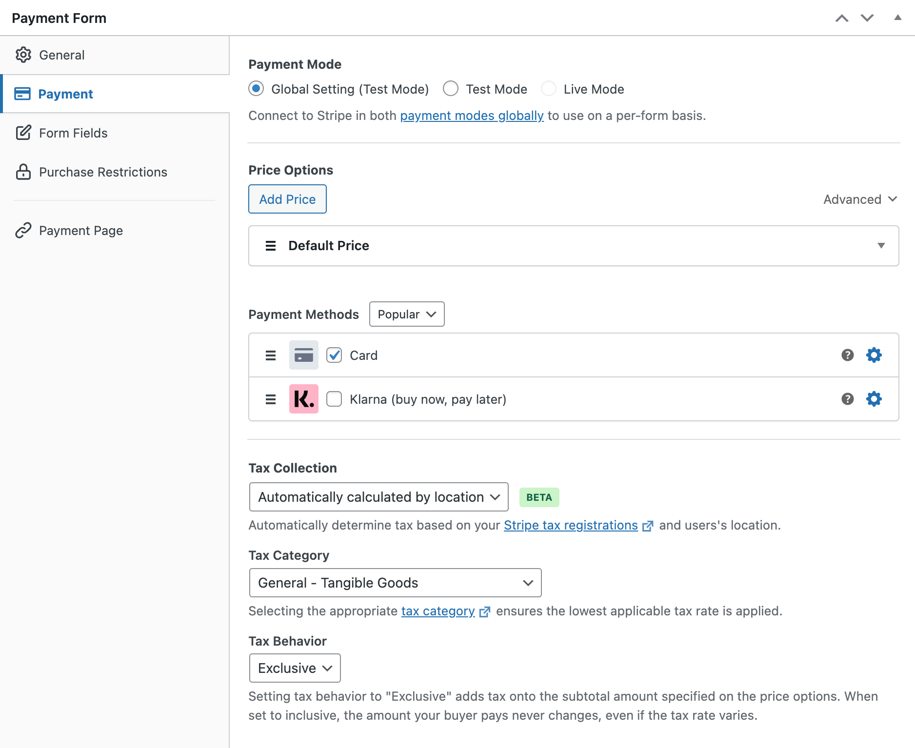 payment form payment settings