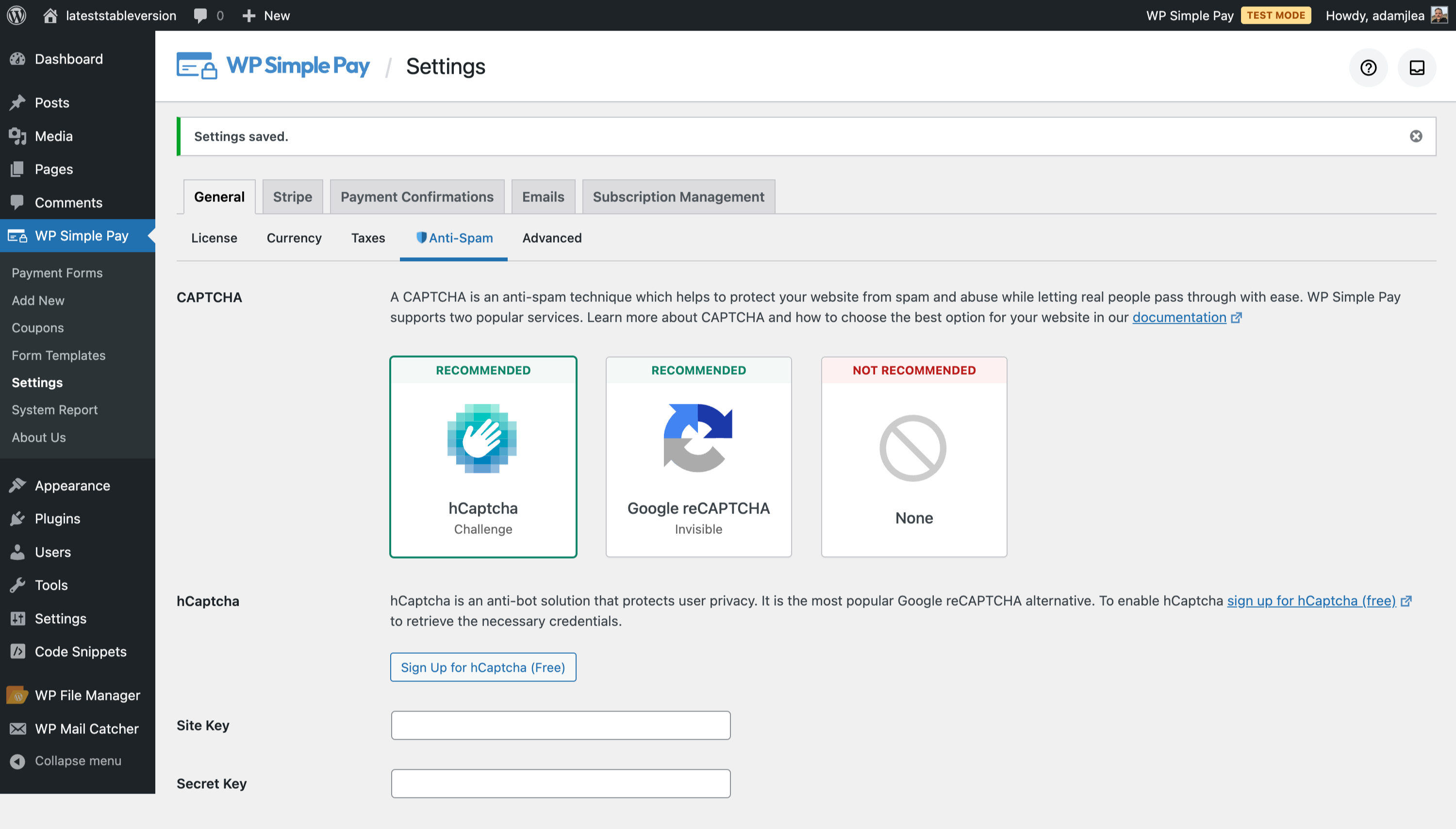 wp simple pay settings anti spam hcaptcha