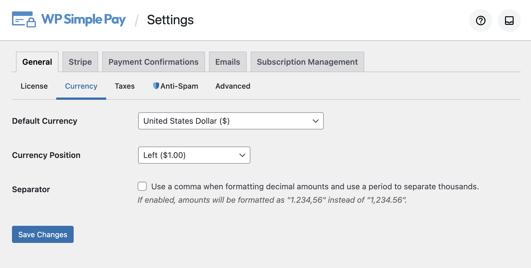 WP Simple Pay currency settings