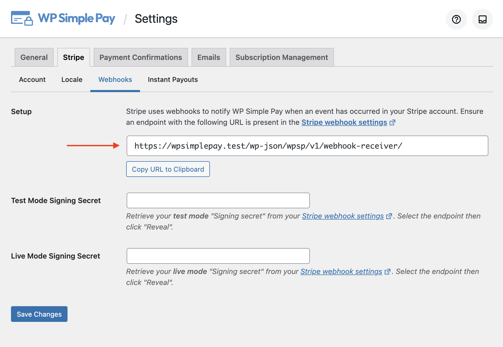 WP Simple Pay webhook settings