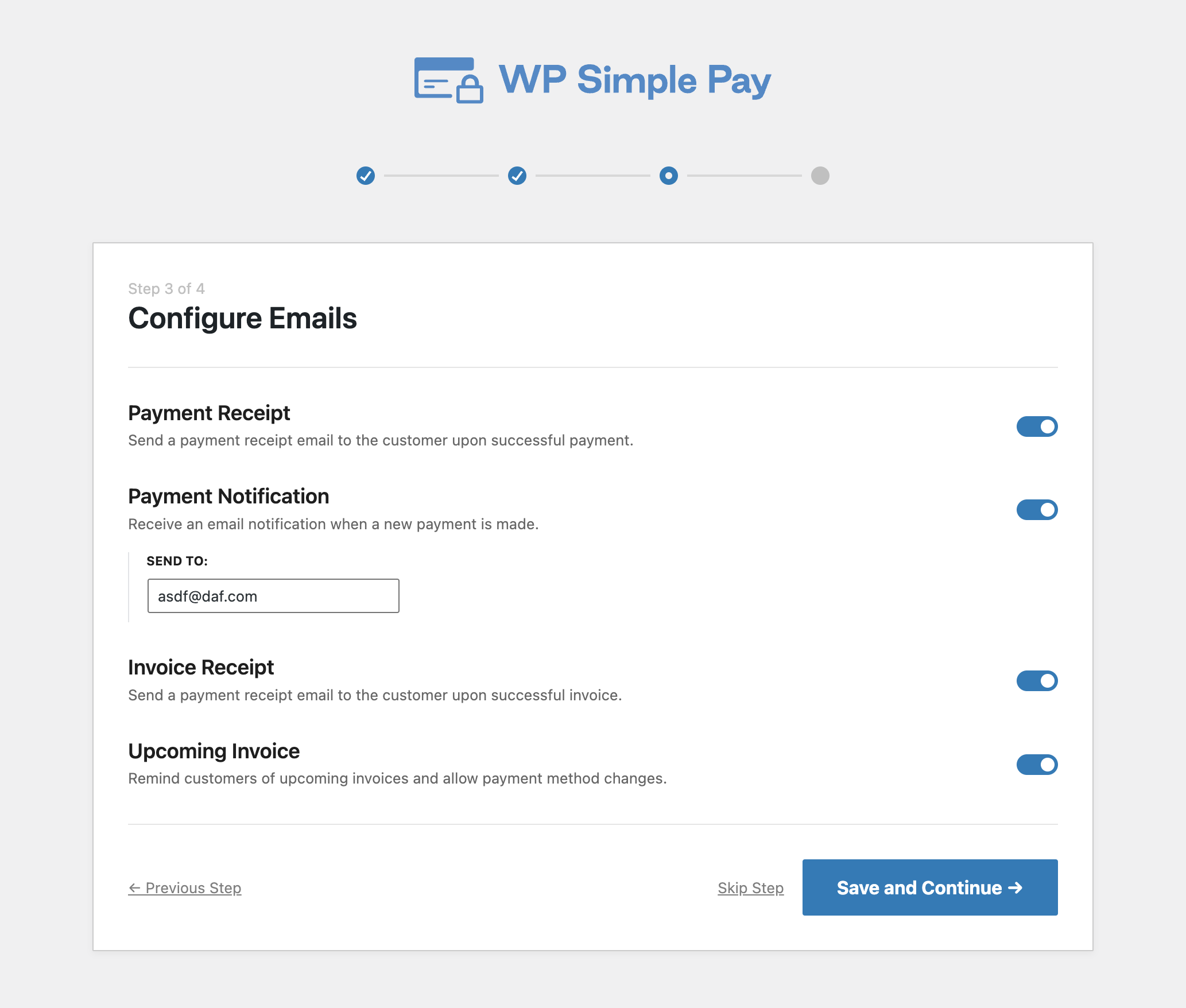 setup-wizard-step-3-configure-emails - WP Simple Pay WP Simple Pay setup wizard email configuration