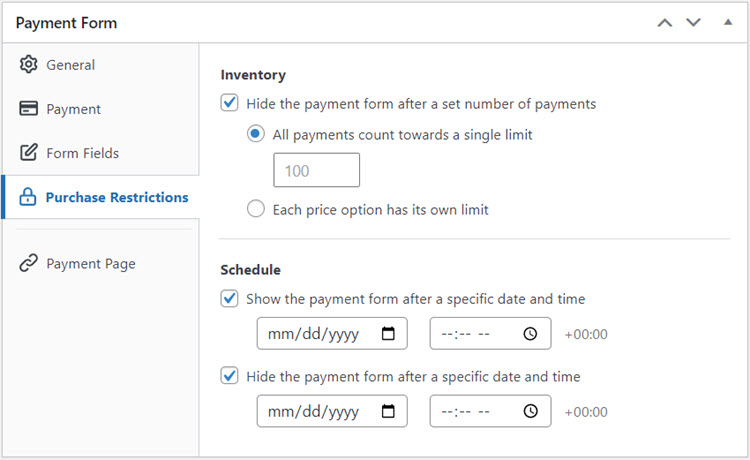 payment restrictions pre order form