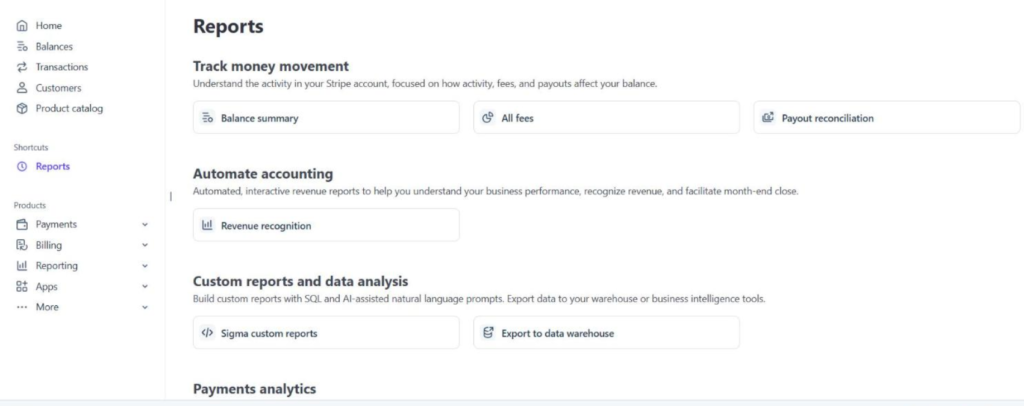 Pagina dei report Stripe