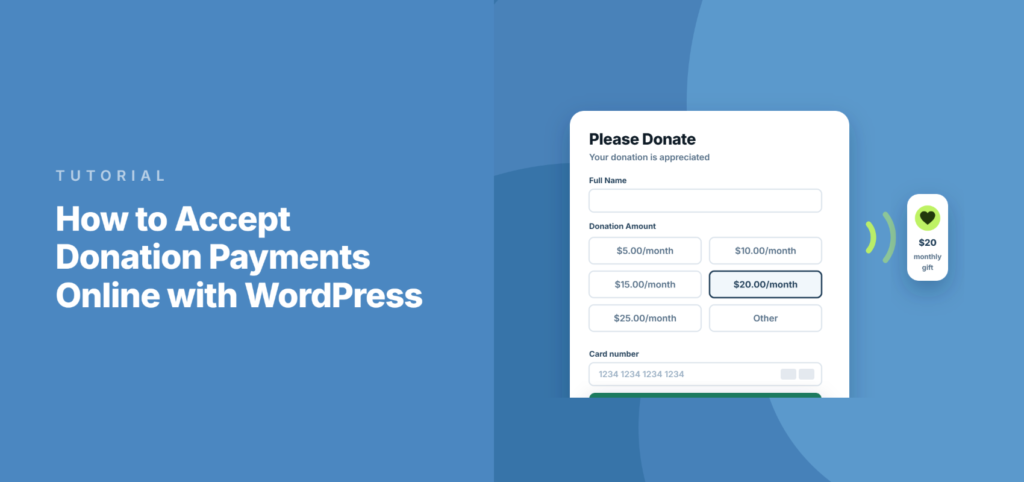Split hero: left blue panel with the title 'How to Accept Donation Payments Online with WordPress'; right, a white donation form modal and a $20 monthly gift badge.