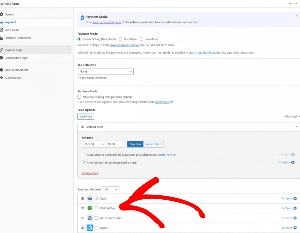 wechat pay wp simple pay payment form
