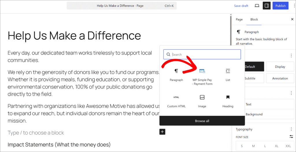 Add WP Simple Pay bnpl payment form block