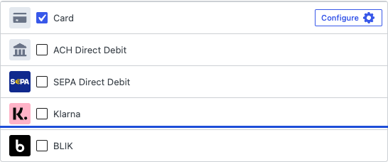 Metodi di pagamento mostrati: Carta è selezionata; Addebito diretto ACH, Addebito diretto SEPA, Klarna e BLIK sono disponibili. Metodi di pagamento mostrati: Carta è selezionata; Addebito diretto ACH, Addebito diretto SEPA, Klarna e BLIK sono disponibili.