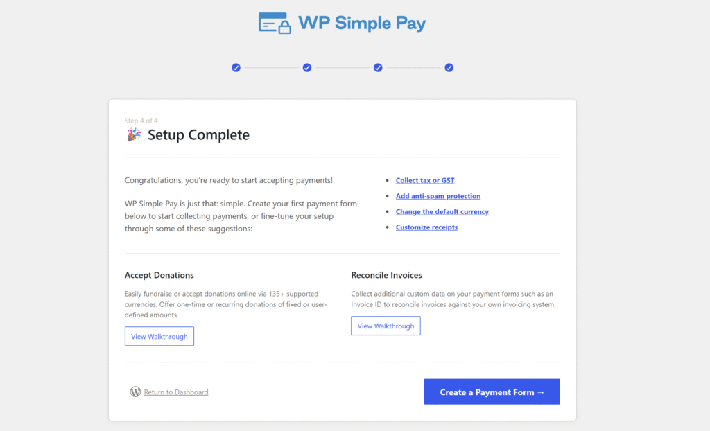 Terminez l'assistant de configuration de WP Simple Pay Terminez l'assistant de configuration de WP Simple Pay