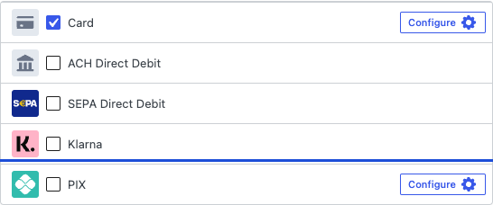 Elenco metodi di pagamento; Carta è selezionata. Altre opzioni: Addebito diretto ACH, Addebito diretto SEPA, Klarna, PIX (Configura disponibile per Carta e PIX). Metodo di pagamento PIX abilitato nella scheda Pagamento del generatore di moduli di WP Simple Pay. Menu a tendina aperto, che mostra PIX selezionato accanto ad altri metodi.