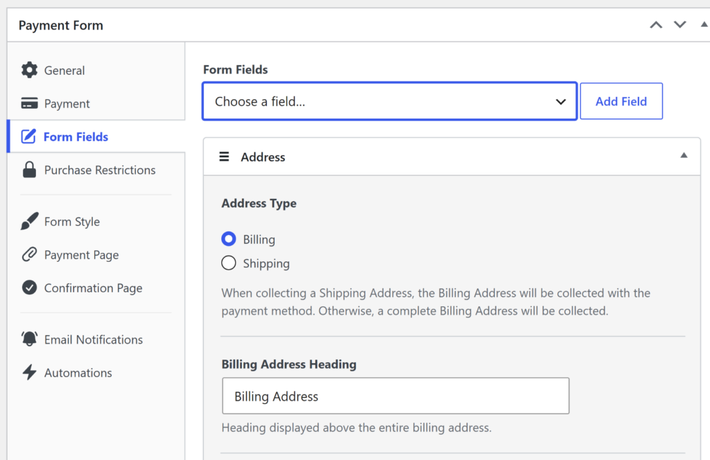 Add address field to payment form Add address field to payment form