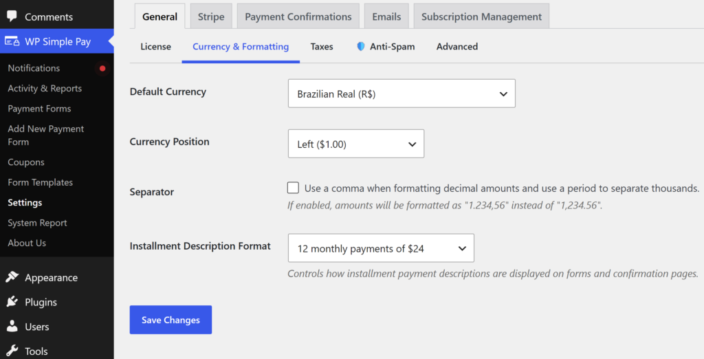 Change default currency to BRL