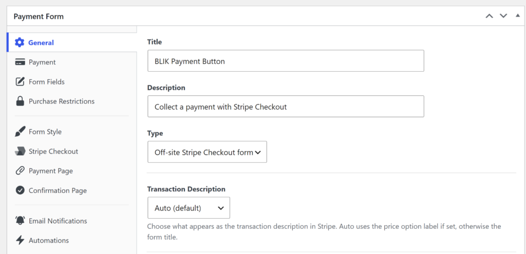 Settings page for a payment form: fields for Title, Description, Type, and Transaction Description in the General tab of the Payment Form editor. Create BLIK payment button