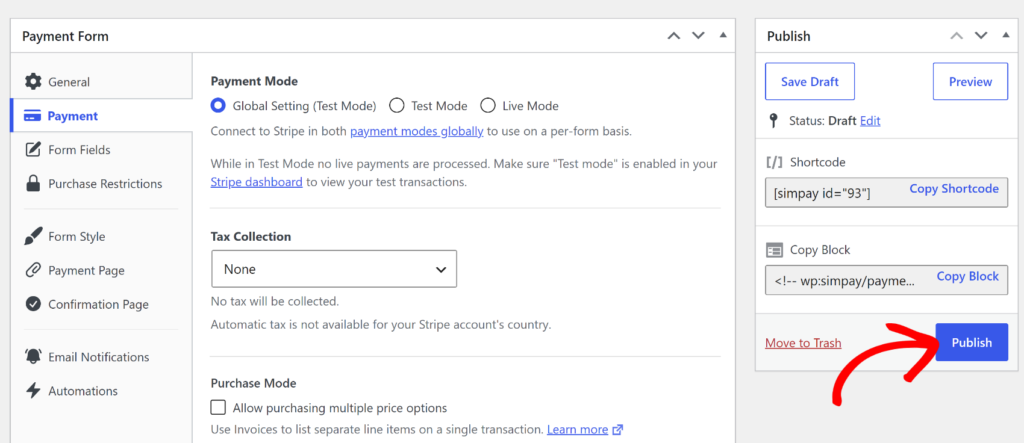 Publish Pix payment form