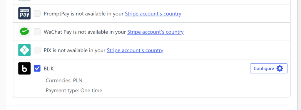Screenshot of Stripe payment methods: PromptPay, WeChat Pay, and PIX unavailable; BLIK is selected with a Configure button on the right. Select BLIK payment option