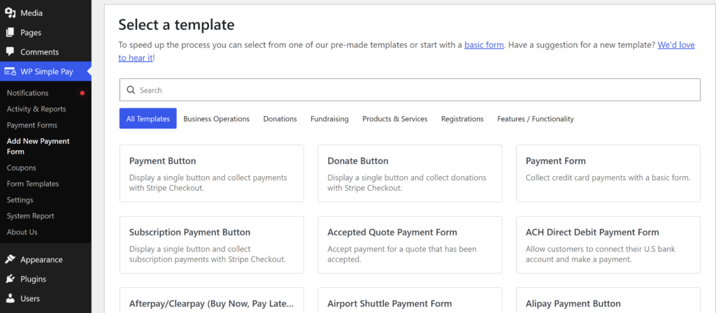 Select a payment form template