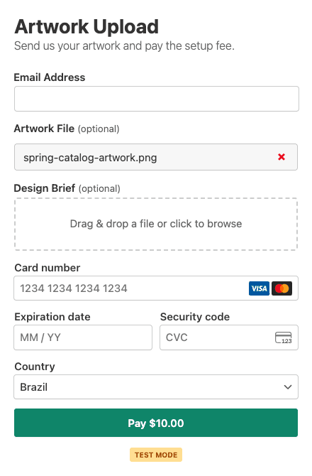A payment form with a File Upload field showing the drag and drop area and a selected file