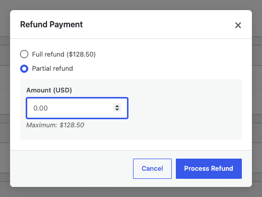 The refund window showing a full refund option, a partial refund amount field, and the maximum refundable amount