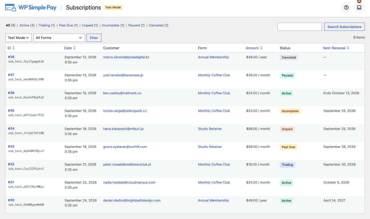 The Subscriptions page showing recurring payments with status filters and a Next Renewal column