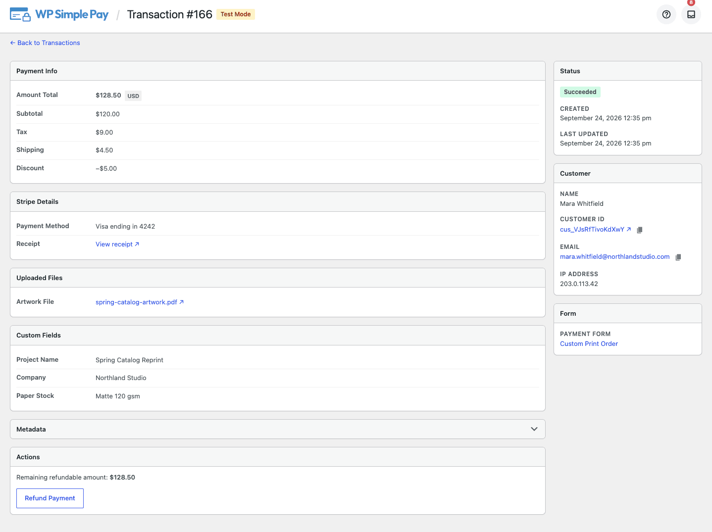 The transaction detail view showing the payment breakdown, customer information, and submitted form fields