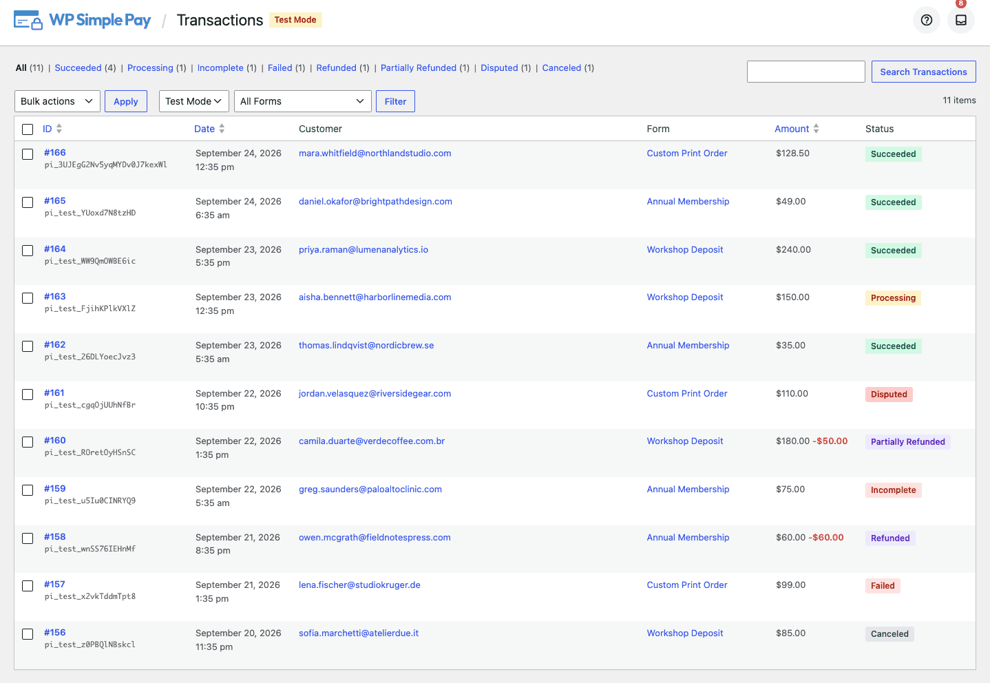The Transactions page showing a list of payments with status filters and counts across the top
