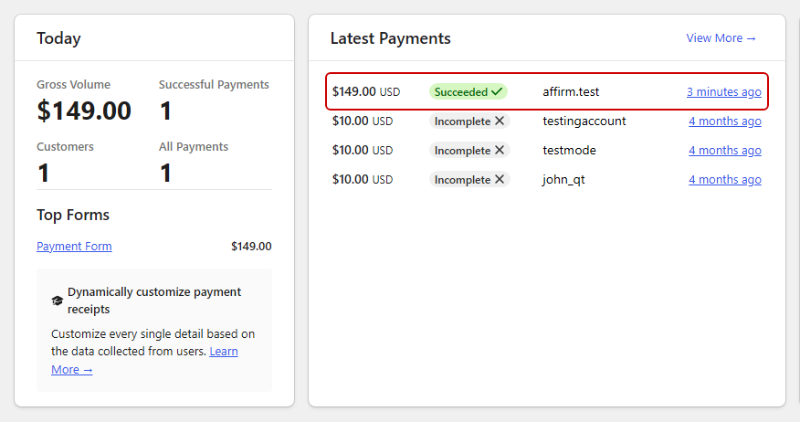 WP Simple Pay Activity & Reports showing a succeeded 9.00 USD test Affirm payment under Latest Payments WP Simple Pay Activity & Reports showing a succeeded $149.00 USD test Affirm payment under Latest Payments