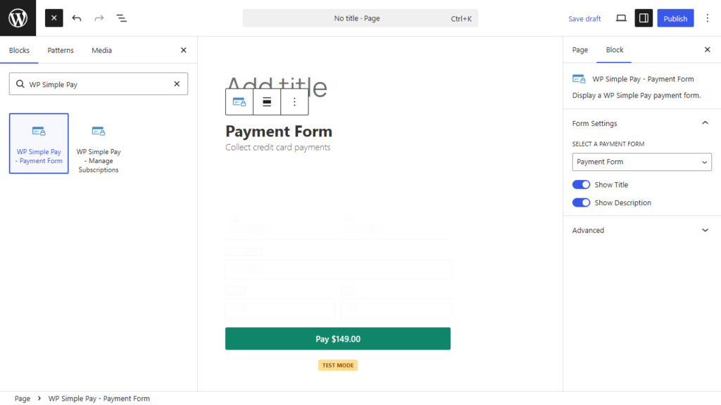 The WP Simple Pay Payment Form block added to a WordPress page with the Affirm demo form selected, previewing a Pay 9.00 button The WP Simple Pay Payment Form block added to a WordPress page with the Affirm demo form selected, previewing a Pay $149.00 button