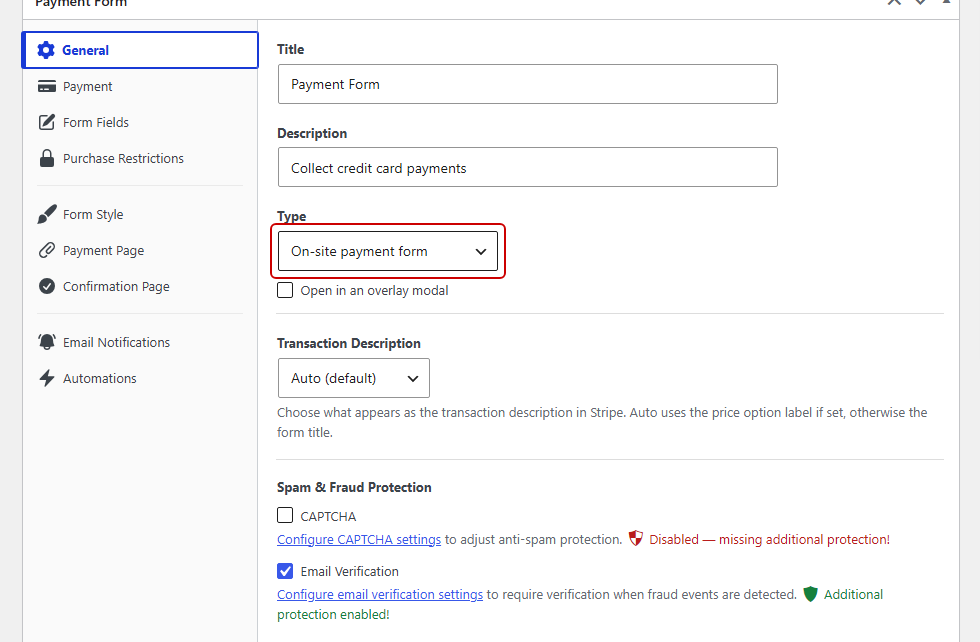The General tab of the WP Simple Pay form builder with the Type dropdown set to On-site payment form The General tab of the WP Simple Pay form builder with the Type dropdown set to On-site payment form
