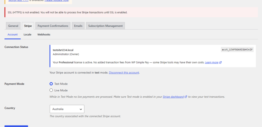 WP Simple Pay Settings Stripe tab showing connection status, payment mode, and the Stripe account country WP Simple Pay Settings Stripe tab showing connection status, payment mode, and the Stripe account country