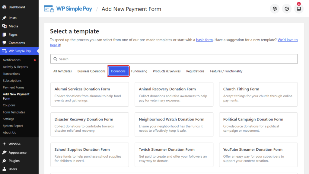 WP Simple Pay mallväljare filtrerad till kategorin Donationer, visar mallar för donationsformulär WP Simple Pay mallväljare filtrerad till kategorin Donationer, visar mallar för donationsformulär