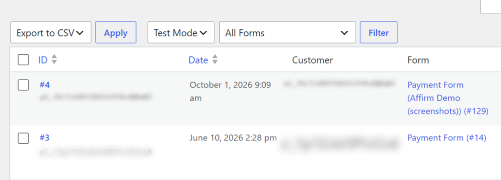 Toolbar with controls: Export to CSV, Apply, Test Mode, All Forms, and Filter above a data table. Export transactions as CSV