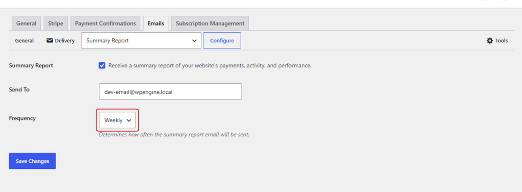 WP Simple Pay Sammanfattningsrapport e-postinställningar med Frekvens-rullgardinsmenyn inställd på Veckovis WP Simple Pay Sammanfattningsrapport e-postinställningar med Frekvens-rullgardinsmenyn inställd på Veckovis