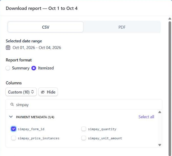 Finestra di dialogo Download report Stripe con Colonne impostate su Personalizzato e simpay_form_id selezionato sotto Metadati del pagamento