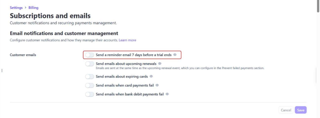 Pagina Subscriptions and emails din Stripe cu comutatorul Send a reminder email 7 days before a trial ends evidențiat Pagina Subscriptions and emails din Stripe cu comutatorul Send a reminder email 7 days before a trial ends evidențiat