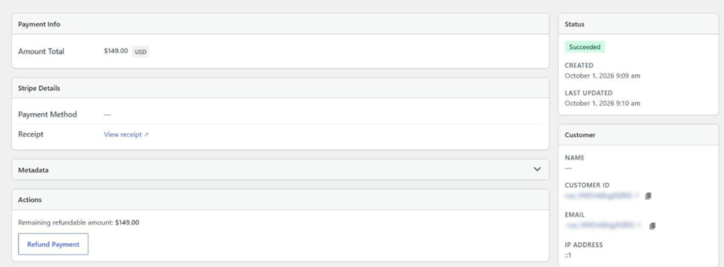 Payment info panel shows total amount 9.00 USD with status Succeeded and a link to view the receipt; right column lists the customer details (name, email, IP address). View transaction details