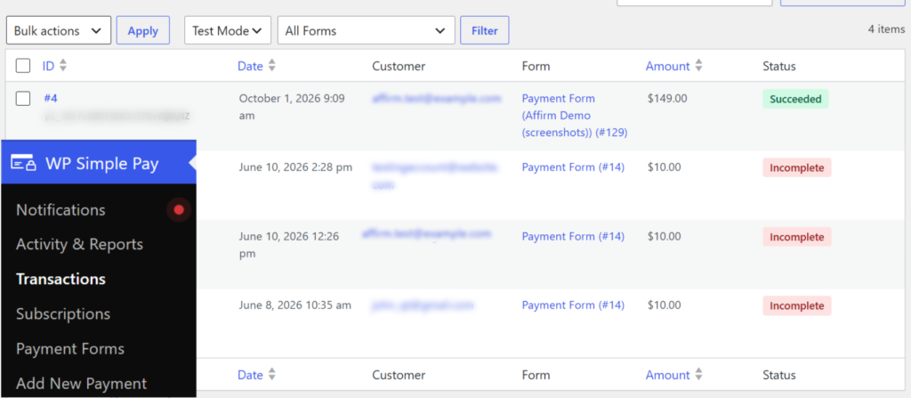 Dashboard screenshot: WP Simple Pay transactions list with left navigation and a table of payments (Succeeded and Incomplete) View transaction page