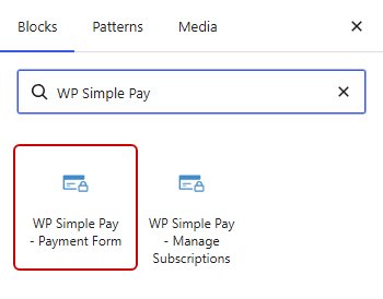 WordPress のブロックインサーターで WP Simple Pay を検索し、「支払いフォーム」ブロックがハイライトされている状態