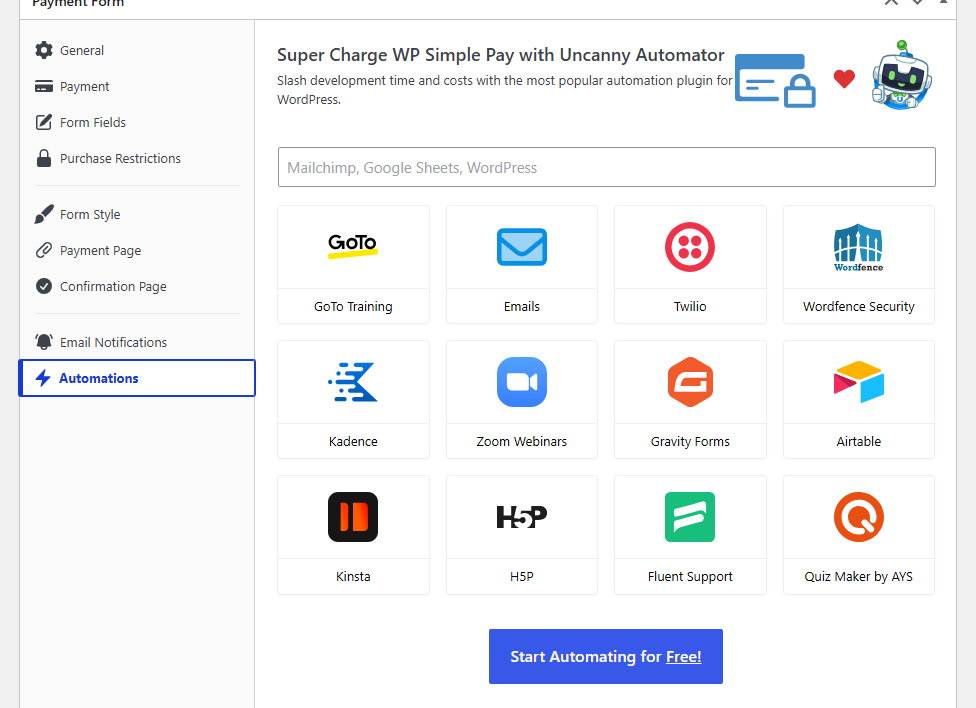 La scheda Automazioni nella costruttore di moduli di WP Simple Pay, che mostra la ricerca dell'integrazione Uncanny Automator