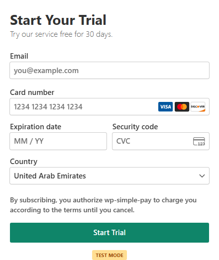 Un formular de perioadă de probă WP Simple Pay cu antetul Start Your Trial, câmpuri pentru card și butonul Start Trial Un formular de perioadă de probă WP Simple Pay cu antetul Start Your Trial, câmpuri pentru card și butonul Start Trial