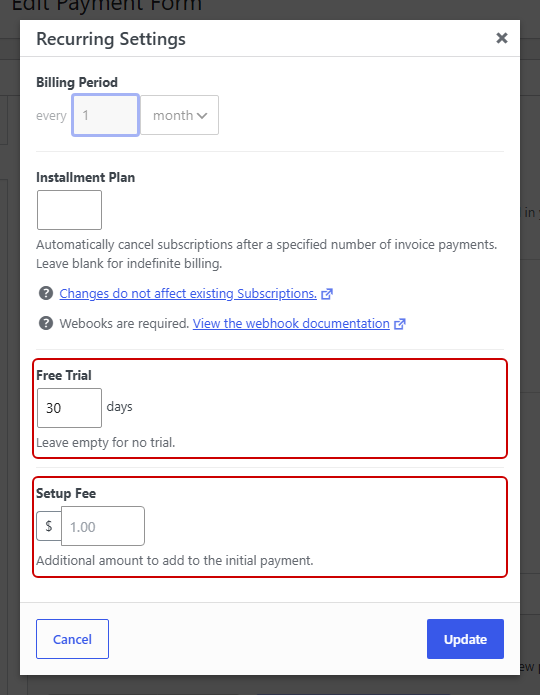 Dialogul Recurring Settings din WP Simple Pay cu Free Trial setat la 30 de zile și câmpul Setup Fee evidențiat Dialogul Recurring Settings din WP Simple Pay cu Free Trial setat la 30 de zile și câmpul Setup Fee evidențiat