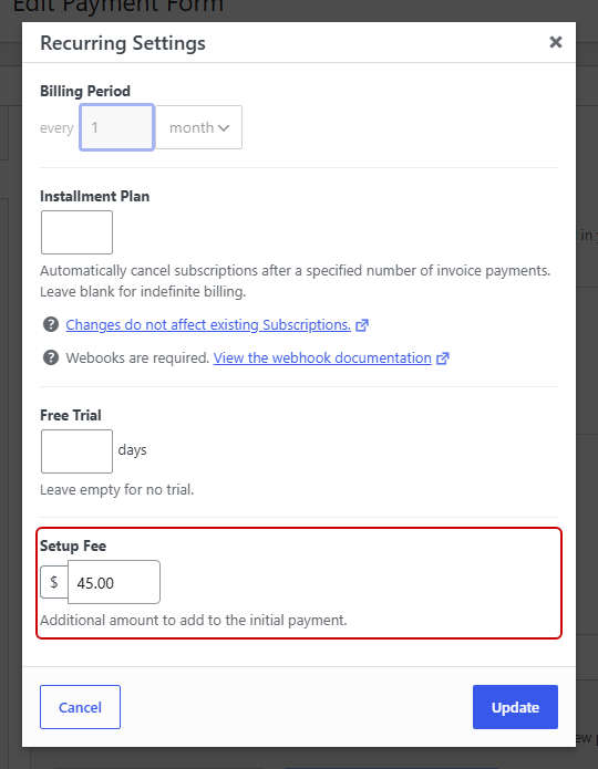 Kurulum Ücreti alanı 0,00 olarak ayarlanmış WP Simple Pay Tekrarlayan Ayarlar iletişim kutusu Kurulum Ücreti alanı 45,00 ABD doları olarak ayarlanmış WP Simple Pay Tekrarlayan Ayarlar iletişim kutusu